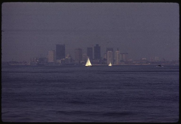 a city skyline seen through hazy air